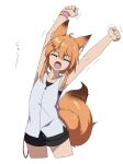  1girl ahoge animal_ear_fluff animal_ears armpits arms_up bangs bare_arms bare_shoulders black_shorts brown_hair closed_eyes cowboy_shot cropped_legs eyebrows_visible_through_hair facing_viewer fox_ears fox_girl fox_tail hair_between_eyes hair_ornament hairclip highres leaning_to_the_side minowa_sukyaru open_mouth original shirt short_sleeves shorts simple_background sleeveless sleeveless_shirt solo standing stretch tail tears trembling white_background white_shirt 