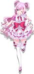  1girl angers_(lapis_re:lights) blue_eyes dress gloves hair_ornament highres lace-trimmed_legwear lace_trim lapis_re:lights long_hair looking_at_viewer neck_ribbon official_art one_eye_closed open_mouth pink_footwear pink_hair ribbon standing standing_on_one_leg thigh-highs transparent_background two_side_up u35 upper_teeth v white_dress white_gloves white_legwear 