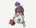  2boys animal_ears bangs cat_boy cat_ears champion_uniform chiyo_(miichiyochin) commentary dark_skin dark_skinned_male english_commentary facial_hair highres leon_(pokemon) long_hair looking_down male_focus multiple_boys orange_headwear pokemon pokemon_(game) pokemon_swsh purple_hair raihan_(pokemon) shirt short_sleeves shorts smile squatting white_legwear white_shorts yellow_eyes zzz 