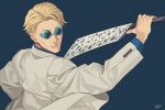  1boy arm_up artist_name bangs blonde_hair blue_background blue_shirt closed_mouth commentary_request forehead formal from_behind glasses goggles green-tinted_eyewear grey-framed_eyewear highres holding holding_sword holding_weapon jacket jujutsu_kaisen long_sleeves looking_back male_focus nanami_kento pince-nez round_eyewear shirt short_hair signature simple_background solo suit sword upper_body v-shaped_eyebrows weapon white_jacket wozue 