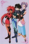  1990s_(style) afura_mann black_hair bodysuit boots capelet crossed_arms dark_skin dark-skinned_female el_hazard fingerless_gloves gloves headband long_hair miz_mishtal official_art purple_hair redhead retro_artstyle shayla-shayla short_hair short_sleeves simple_background smile standing 