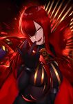  1girl backlighting black_background breasts cape chain fate/grand_order fate_(series) gloves hair_over_one_eye large_breasts looking_at_viewer nekosama_shugyouchuu oda_nobunaga_(fate) oda_nobunaga_(fate)_(all) oda_nobunaga_(maou_avenger)_(fate) open_mouth red_cape red_eyes redhead smile solo teeth v-shaped_eyebrows 