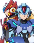  2boys absurdres android armor blonde_hair blue_eyes blue_headwear closed_mouth commentary_request english_text frown green_eyes helmet highres hoshi_mikan long_hair looking_at_viewer male_focus mega_man_(series) mega_man_x_(character) mega_man_x_(series) multiple_boys red_headwear redesign serious shoulder_armor simple_background upper_body white_background zero_(mega_man) 