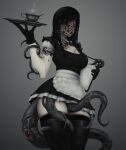  1girl apron bangs black_dress black_footwear black_gloves black_legwear boots breasts clipboard colored_skin commentary cup dress eldritch_abomination extra_eyes extra_mouth faceless faceless_female gloves hair_ornament highres horror_(theme) horror_maid_(imp_(impractical)) imp_(impractical) long_hair maid medium_breasts original pale_skin phallic_symbol short_dress slime solo standing swept_bangs teacup tentacles thick_thighs thigh-highs thigh_boots thighhighs_under_boots thighs tray trypophobia waist_apron white_skin x_hair_ornament zettai_ryouiki 