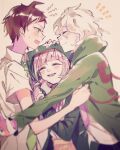  1girl 2boys :d ahoge backpack bag bangs black_jacket blurry blurry_foreground blush brown_hair cat_bag closed_eyes commentary_request dangan_ronpa_(series) dangan_ronpa_2:_goodbye_despair depth_of_field facing_another from_side green_jacket green_neckwear grey_hair hair_ornament hairclip hand_on_another&#039;s_head highres hinata_hajime hood hood_up hooded_jacket jacket komaeda_nagito long_sleeves looking_at_another medium_hair mian_(nemu_0118) motion_blur multiple_boys nanami_chiaki necktie open_mouth pink_bag pink_hair sandwiched shiny shiny_hair short_hair short_sleeves smile 