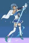  1girl ankle_boots aqua_footwear arm_up belt blue_background blue_hair blue_skirt blue_theme boots breasts buttons cape clenched_hand closed_mouth contrapposto dot_nose eyebrows_visible_through_hair eyelashes fighting_stance frills full_body gloves halang_rubsas2 highres holding holding_sword holding_weapon looking_at_viewer mahou_shoujo_madoka_magica miki_sayaka pleated_skirt ripples shiny shiny_hair short_hair sideboob simple_background skirt small_breasts smile solo standing strapless sword thigh-highs water water_drop weapon wet wet_gloves white_cape white_gloves white_legwear zettai_ryouiki 