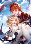  1boy 1girl :o absurdres blonde_hair blue_eyes blue_sky blush carrying clouds dress earrings fingerless_gloves genshin_impact gloves hand_on_another&#039;s_thigh highres jewelry looking_at_viewer lumine_(genshin_impact) mimoontk open_mouth orange_hair princess_carry red_scarf scarf sky tartaglia_(genshin_impact) tongue tongue_out water wavy_mouth white_dress white_legwear yellow_eyes 