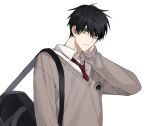  1boy bag bangs black_bag black_hair character_request closed_mouth collared_shirt commentary_request copyright_request doomie1 frown green_eyes grey_background grey_sweater hair_between_eyes hand_up long_sleeves looking_at_viewer male_focus necktie pale_skin red_neckwear school_bag shirt short_hair shoulder_bag simple_background solo sweater upper_body white_background white_shirt 