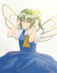  1girl artist_name ascot blue_dress bow breasts bright_pupils closed_mouth cowboy_shot daiyousei dress eyebrows_behind_hair fairy_wings flower green_eyes green_hair hair_between_eyes hair_bow hair_flower hair_ornament hands_on_headwear head_wreath light_smile looking_down one_side_up pinafore_dress puffy_short_sleeves puffy_sleeves shirt short_sleeves simple_background small_breasts solo standing touhou umeko_81 white_background white_flower white_pupils white_shirt wings yellow_bow yellow_neckwear 