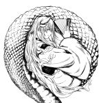  1girl blue_hair check_copyright closed_mouth copyright_request ear_tag eyebrows_visible_through_hair fan fate_(series) folding_fan greyscale hatching_(texture) holding holding_fan horns kiyohime_(fate) kosai lamia long_hair monochrome monster_girl multiple_horns scales simple_background slit_pupils smile solo very_long_hair white_background 