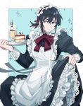  1boy alternate_costume black_hair bow cake closed_mouth cup enmaided food frills grey_eyes hair_between_eyes highres holding holding_plate jin_gingin maid maid_headdress male_focus multicolored multicolored_hair original patterned patterned_background plate red_neckwear signature solo sparkle white_hair 