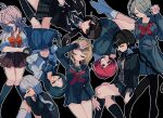  6+girls ahoge akamatsu_kaede alternate_costume antenna_hair bangs beads black_background black_hair black_jacket black_legwear black_shirt black_skirt blonde_hair blue_skirt breasts chabashira_tenko closed_eyes collared_shirt dangan_ronpa_(series) dangan_ronpa_v3:_killing_harmony hair_beads hair_ornament hairclip hand_up harukawa_maki highres iruma_miu jacket kara_aren kneehighs large_breasts long_hair long_sleeves looking_at_viewer miniskirt multiple_girls neckerchief necktie no_shoes official_alternate_costume outline plaid plaid_skirt pleated_skirt redhead sailor_collar school_uniform serafuku shirogane_tsumugi shirt short_hair skirt sleeping smile toujou_kirumi twintails white_outline yonaga_angie yumeno_himiko 