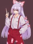  bangs bow brown_background collared_shirt cowboy_shot eyebrows_visible_through_hair fire fujiwara_no_mokou grey_hair hair_bow highres kakone long_hair long_sleeves looking_at_viewer multicolored_bow multiple_bows ofuda_on_clothes open_mouth pants pocket pyrokinesis red_bow red_eyes red_pants shirt simple_background smile smoking standing suspenders teeth touhou white_bow white_shirt 