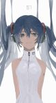  1girl arms_behind_back bare_shoulders blue_eyes blue_hair closed_mouth hair_between_eyes hatsune_miku highres number simple_background smile solo turtleneck twintails vocaloid white_background yomotsu00 zipper zipper_pull_tab 