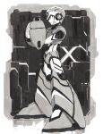  1boy absurdres android arm_cannon armor character_name closed_mouth commentary_request from_side full_body gloves greyscale hand_on_own_arm helmet highres hoshi_mikan male_focus mega_man_(series) mega_man_x_(character) mega_man_x_(series) monochrome profile redesign robot_ears solo standing weapon 