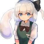  1girl bangs black_bow black_hairband black_neckwear black_ribbon blue_eyes blunt_bangs bob_cut bow bowtie breasts closed_mouth commentary constricted_pupils eyebrows_visible_through_hair hair_bow hair_ribbon hairband hitodama hitodama_print konpaku_youmu konpaku_youmu_(ghost) kujikimi looking_at_viewer puffy_short_sleeves puffy_sleeves ribbon shirt short_hair short_sleeves silver_hair small_breasts solo straight_hair touhou upper_body v_arms white_background white_hair white_shirt wing_collar 