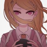  1girl ahoge akamatsu_kaede bangs blonde_hair breasts collared_shirt commentary_request dangan_ronpa_(series) dangan_ronpa_v3:_killing_harmony eyebrows_visible_through_hair hair_ornament hair_over_mouth hands_up highres holding large_breasts long_hair long_sleeves looking_at_viewer musical_note_hair_ornament necktie nerine_fujikawa orange_neckwear pink_vest portrait serious shirt simple_background solo vest white_background white_shirt 