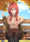  1girl absurdres alternate_costume autumn bangs black_legwear blue_eyes blue_sky blush breasts brown_shorts brown_sweater casual cellphone closed_mouth commentary_request dappled_sunlight day earphones feet_out_of_frame fur-trimmed_jacket fur_trim go-toubun_no_hanayome green_jacket hair_between_eyes headphones headphones_around_neck highres holding holding_earphones holding_phone jacket large_breasts legwear_under_shorts long_hair long_sleeves nagi_aoi nakano_miku open_clothes open_jacket outdoors pantyhose phone redhead shorts sitting sky smartphone smile solo sunlight sweater tree turtleneck turtleneck_sweater 
