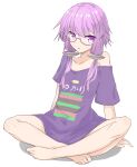  1girl arm_support arms_behind_back barefoot bespectacled character_name clothes_writing collarbone commentary glasses hair_tubes highres indian_style looking_at_viewer purple-framed_eyewear purple_hair purple_shirt sena_kizahashi shirt short_hair_with_long_locks sidelocks sitting solo violet_eyes vocaloid voiceroid white_background yuzuki_yukari 