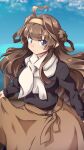  1girl 547th_sy ahoge arms_behind_back black_sweater blue_sky brown_hair brown_skirt clouds commentary_request cowboy_shot double_bun grey_eyes hairband highres horizon kantai_collection kongou_(kantai_collection) long_hair looking_at_viewer ocean official_alternate_costume scarf skirt sky solo sweater white_scarf 