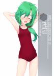 1girl antenna_hair arms_behind_head artist_name character_name closed_eyes cowboy_shot flat_chest green_hair hair_over_shoulder highres inaba_shiki kantai_collection long_hair looking_at_viewer matsu_(kantai_collection) new_school_swimsuit open_mouth red_swimsuit school_swimsuit solo standing swimsuit 