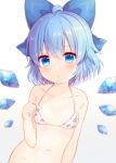  1girl :o ahoge animal_print bangs bare_shoulders bikini blue_bow blue_eyes blue_hair blush bow breasts cirno collarbone commentary_request cow_print eyebrows_visible_through_hair ice ice_wings looking_at_viewer navel parted_lips pjrmhm_coa print_bikini short_hair simple_background small_breasts solo swimsuit touhou upper_body white_background white_bikini wings 