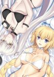  2girls asymmetrical_clothes bare_shoulders bikini black_swimsuit blonde_hair blue_eyes fate/grand_order fate_(series) highres jeanne_d&#039;arc_(alter)_(fate) jeanne_d&#039;arc_(fate) jeanne_d&#039;arc_(fate)_(all) long_hair looking_at_viewer lying mishiro_(ixtlolton) multiple_girls silver_hair swimsuit white_swimsuit yellow_eyes 