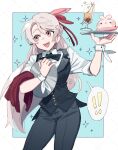  !! 1girl black_neckwear blush blush_stickers braid bubble_tea butler cup grey_hair hair_between_eyes highres holding holding_plate jin_gingin long_hair open_mouth original patterned patterned_background pink_eyes plate signature smile solo sparkle speech_bubble teeth tongue upper_teeth very_long_hair 