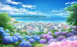  antennae bay beach blue_flower blue_sky blurry boat building cityscape clouds commentary_request day depth_of_field flower highres house hydrangea leaf mountain mountainous_horizon no_humans ocean original outdoors pink_flower purple_flower sachiko15 scenery shore sky tree watercraft 