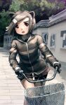  1girl absurdres animal_ears bangs beaver_ears bicycle bike_shorts bike_shorts_under_shorts black_eyes black_gloves commentary day eurasian_beaver_(kemono_friends) extra_ears gloves grey_hair ground_vehicle hair_ornament hairclip highres jacket kemono_friends looking_at_viewer open_mouth outdoors riding short_hair short_shorts shorts solo swept_bangs thigh_gap welt_(kinsei_koutenkyoku) 