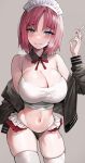 1girl bikini breasts cigarette highres hisui_(tsukihime) jacket large_breasts maid melty_blood off_shoulder open_jacket pink_hair short_hair simple_background smile smoke solo suou-sensei tsukihime 
