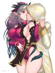  1boy 1girl absurdres blade_ride breasts fire_emblem fire_emblem_heroes grey_hair highres holding_hands hood hood_up kiran_(fire_emblem) long_hair long_sleeves plant plumeria_(fire_emblem) pointy_ears ponytail red_eyes simple_background twitter_username vines white_background 