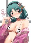  1girl 2021 animal_print bangs bikini blush breasts closed_mouth collarbone cow_print curly_hair floral_print green_hair hairband hand_up happy_new_year highres idolmaster idolmaster_million_live! japanese_clothes kimono looking_at_viewer medium_breasts navel new_year open_clothes open_kimono parted_bangs pink_kimono ponpon shiny shiny_skin single_bare_shoulder solo string_bikini swimsuit tokugawa_matsuri under_boob upper_body white_bikini 