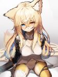  1girl absurdres animal_ears barcode_tattoo blonde_hair blue_eyes blush body_fur closed_mouth eyebrows_visible_through_hair fox_ears fox_girl fox_tail furrification furry g41_(girls_frontline) girls_frontline gradient gradient_background grey_background hair_between_eyes heterochromia highres long_hair looking_at_viewer navel panties red_eyes sitting solo stomach_tattoo tab_head tail tattoo underwear white_panties 