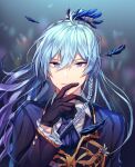 1boy bangs black_gloves blue_feathers blue_hair blue_jacket blurry blurry_background braid collared_shirt commentary_request depth_of_field doomie1 ensemble_stars! feathers finger_to_mouth frilled_jacket gloves hair_feathers hair_ornament hand_up hibiki_wataru highres jacket long_hair long_sleeves looking_at_viewer male_focus pin shirt solo upper_body violet_eyes
