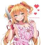  1girl :q akai_haato apron blonde_hair blue_eyes blush breasts character_name hair_ornament hair_ribbon hairclip heart heart_hair_ornament highres hololive jewelry kitchen_knife long_hair makinan necklace ribbon sideboob simple_background solo tongue tongue_out two_side_up upper_body 