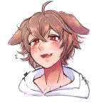  1boy ahoge animal_ears bangs blush brown_hair dearbah dog_boy dog_ears english_commentary face fang hair_between_eyes head_only hood hoodie indie_virtual_youtuber male_focus mauthe_doog open_mouth red_eyes skin_fang solo virtual_youtuber white_background 