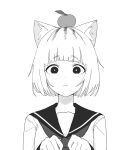  1girl :&lt; animal_ear_fluff animal_ears bangs black_eyes blunt_bangs bright_pupils cat_ears cat_girl claw_pose commentary crowcrycaw eyebrows_visible_through_hair food food_on_head fruit greyscale hands_up highres long_sleeves looking_at_viewer mandarin_orange monochrome neckerchief object_on_head original sailor_collar short_hair simple_background solo upper_body white_background white_hair white_pupils 