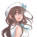  1girl bangs blue_bow bow breasts dearbah fang green_eyes hair_behind_ear hair_between_eyes hair_bow large_breasts looking_at_viewer nyaru_(vtuber) open_mouth shirayuri_production sketch smile solo upper_body virtual_youtuber white_headwear 