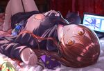  1girl bangs bed_sheet black_sweater blanket blurry blurry_background blush bottle breasts brown_hair computer earphones eyebrows_visible_through_hair hair_between_eyes hand_on_own_chest highres idolmaster idolmaster_shiny_colors knees_up laptop large_breasts legs long_hair long_sleeves looking_at_viewer looking_up lying messy_hair on_back oosaki_tenka parted_lips phone sidelocks sky_cappuccino smile solo stuffed_toy sweater thighs water_bottle yellow_eyes 