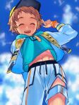  1boy abs baseball_cap blue_sky blush bracelet breasts brown_hair closed_eyes clouds day ensemble_stars! from_above hat highres hood hoodie jewelry korpokkur_kne male_focus midriff navel outdoors sky smile solo tenma_mitsuru toned toned_male 