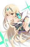  1girl ass bangs bare_shoulders blonde_hair blush breasts daive dress earrings elbow_gloves gloves highres jewelry large_breasts long_hair looking_at_viewer mythra_(xenoblade) short_dress solo swept_bangs thighs tiara very_long_hair white_dress white_gloves xenoblade_chronicles_(series) xenoblade_chronicles_2 yellow_eyes 