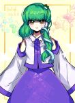  1girl :d artist_name asuku_(69-1-31) bangs bare_shoulders blue_skirt blunt_bangs blush commentary_request cowboy_shot dated detached_sleeves eyebrows_visible_through_hair framed frog_hair_ornament green_eyes green_hair hair_ornament highres kochiya_sanae long_hair looking_at_viewer open_mouth shirt sidelocks sketch skirt sleeveless smile snake_hair_ornament solo standing star-shaped_pupils star_(symbol) star_print symbol-shaped_pupils touhou white_shirt 