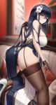  1girl absurdres ass azuma_(azur_lane) azuma_(soft_voice_of_spring)_(azur_lane) azur_lane bare_shoulders black_hair black_panties blush breasts brown_gloves brown_legwear china_dress chinese_clothes closed_mouth commentary_request couch dress flower fouriasensei from_behind garter_straps gloves hair_flower hair_ornament hand_in_hair hand_up high_heels highres indoors large_breasts leaning_forward long_hair looking_at_viewer looking_back official_alternate_costume open_mouth panties pantyshot pelvic_curtain seductive_smile shelf skindentation smile solo straight_hair thigh-highs underwear very_long_hair white_flower white_footwear yellow_eyes 