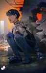  1boy absurdres black_hair blue_eyes broken broken_wall building cassette_player chromatic_aberration crack cracked_wall film_grain highres holding huge_filesize ikari_shinji kyuuba_melo neon_genesis_evangelion number open_mouth orange_sky outdoors plugsuit sky solo teeth tongue turtleneck wire 