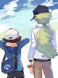  2boys arms_behind_head bag bangle baseball_cap black_headwear black_pants blue_bag blue_jacket bracelet brown_pants commentary from_behind green_hair hat hilbert_(pokemon) jacket jewelry long_hair long_sleeves male_focus multiple_boys n_(pokemon) pants pokemon pokemon_(game) pokemon_bw shirt shoulder_bag tpi_ri 