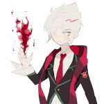  1boy academy_vladimir blood closed_mouth floating frown hair_over_one_eye highres league_of_legends male_focus necktie p_ar red_neckwear red_scarf scarf school_uniform simple_background solo uniform vladimir_(league_of_legends) white_background white_eyes white_hair 