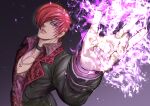  1boy aoki_masahiko choker coat fire hair_over_one_eye jacket jewelry looking_at_viewer male_focus pants purple_fire pyrokinesis red_eyes redhead short_hair simple_background snk solo the_king_of_fighters the_king_of_fighters_xv yagami_iori 