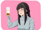  1girl :d absurdres alcohol bangs black_hair blunt_bangs blush closed_eyes cup eyebrows_visible_through_hair glasses highres holding holding_cup long_hair long_sleeves musashi_m open_mouth pink_background sidelocks smile solo sweater thick_eyebrows toba_minami turtleneck turtleneck_sweater upper_body yurucamp 