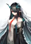  1girl absurdres aqua_hair arknights bare_shoulders black_coat black_hair breasts closed_mouth coat collared_dress cowboy_shot dhokidoki dragon_girl dragon_horns dress dusk_(arknights) earrings gradient_hair hair_over_one_eye highres horns jewelry long_hair long_sleeves looking_at_viewer medium_breasts multicolored_hair necktie off_shoulder open_clothes open_coat pointy_ears red_eyes red_neckwear signature solo very_long_hair white_dress 